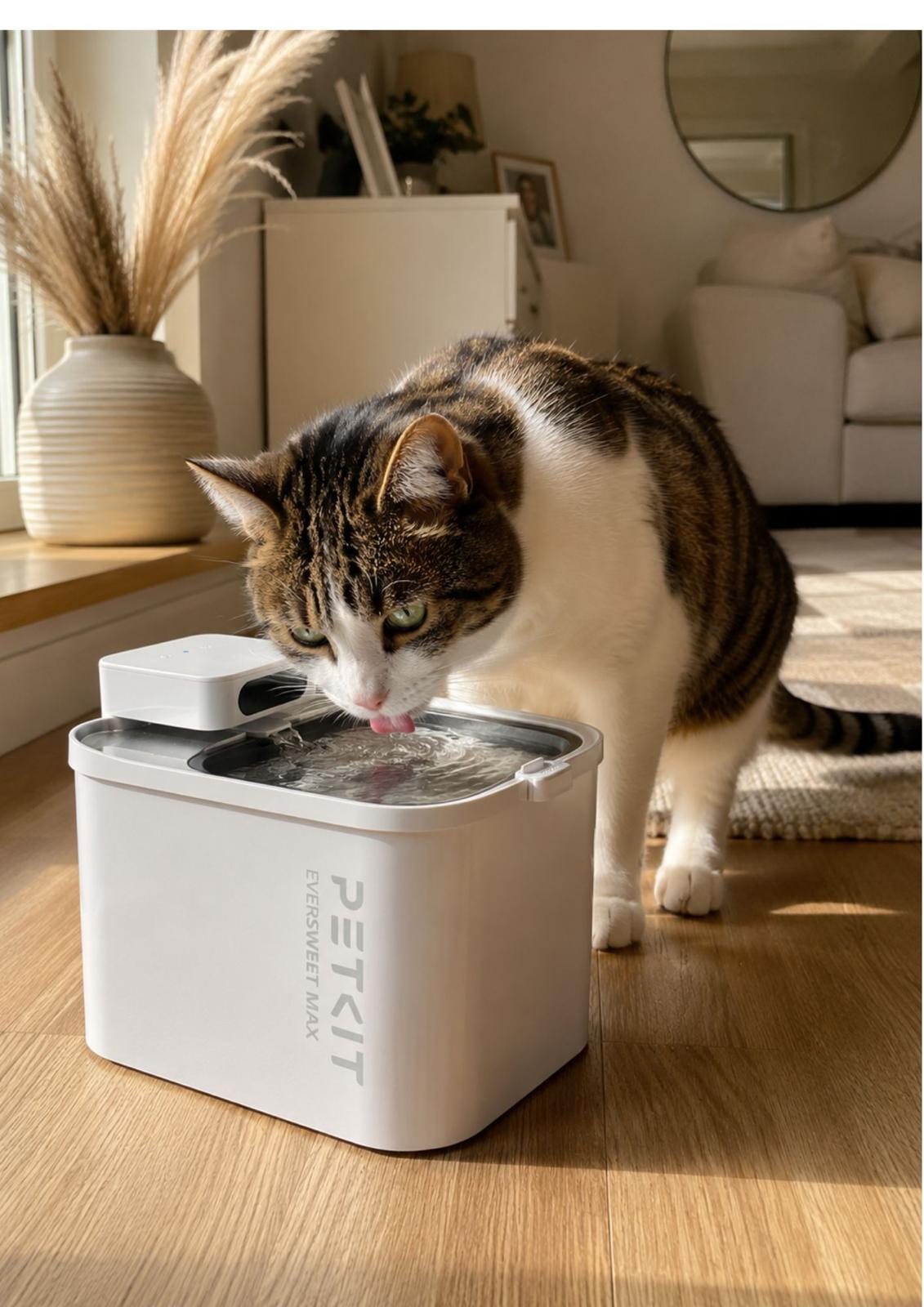 Katze trinkt aus einem Trinkbrunnen mit fließendem Wasser