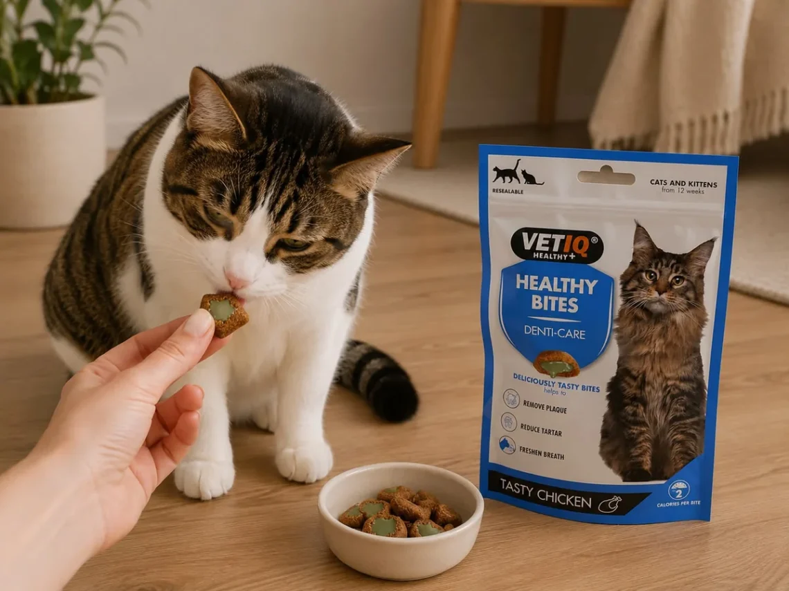 Zahnpflege bei Katzen: Katze bekommt einen Dental-Snack