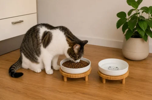 Erhöhter Futternapf für Katzen: Katze frisst entspannt