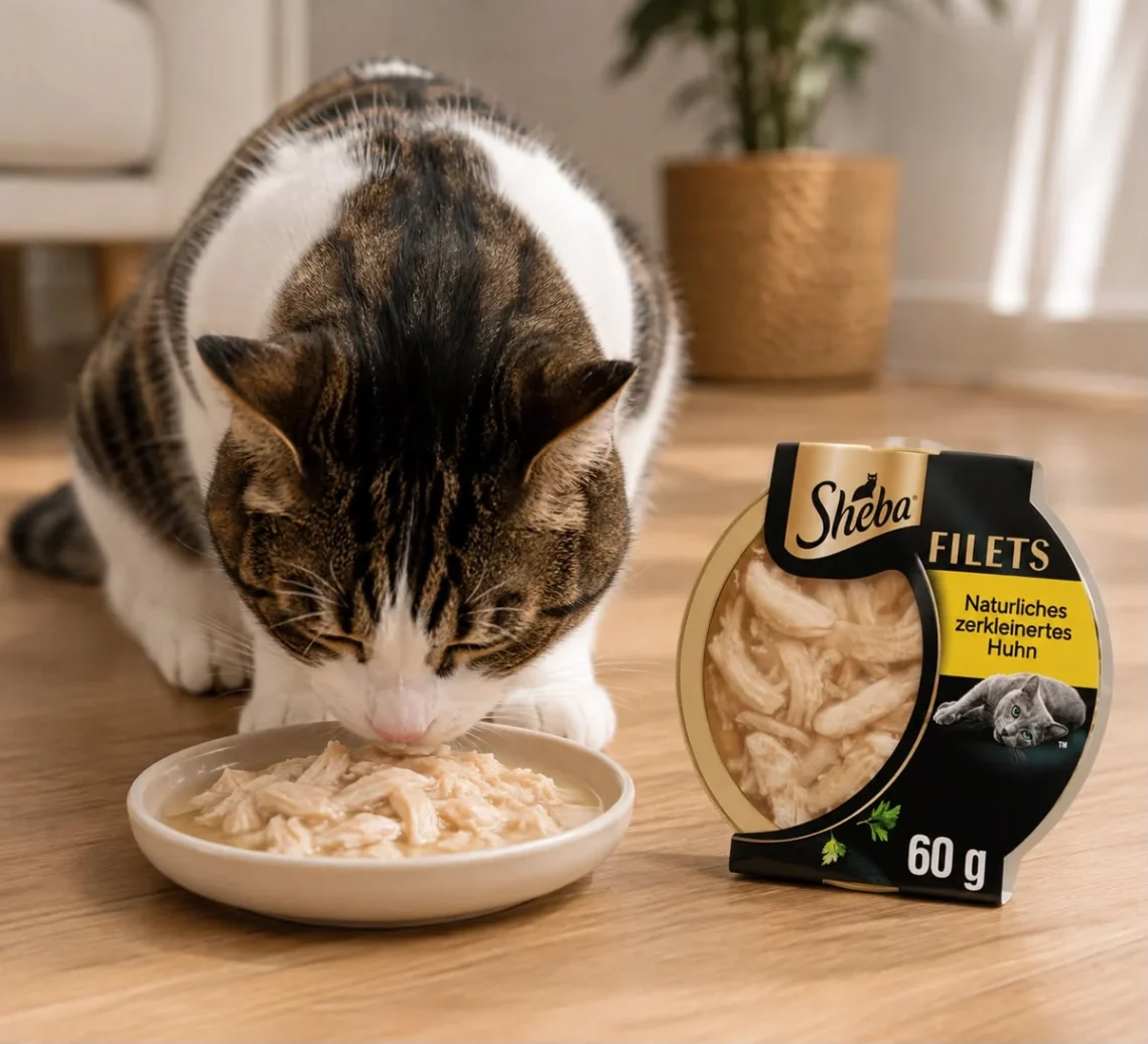 Nassfutter vs. Trockenfutter: Katze frisst Nassfutter aus dem Napf